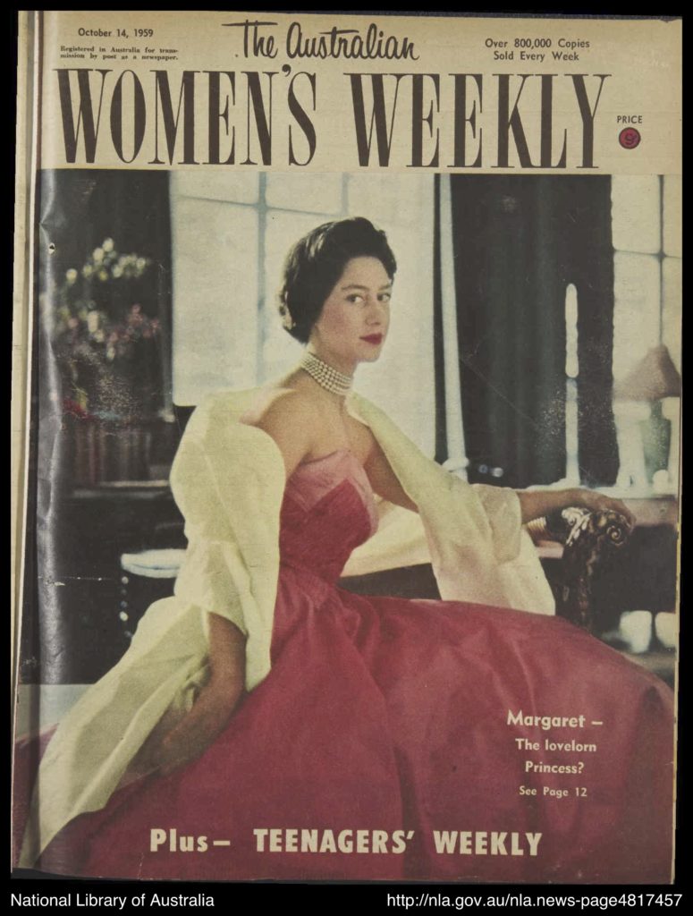 Cover of the Australian Women's Weekly magazine for October 14th, 1959, showing Princess Margaret seated in a deep pink evening dress, white stole and pearl choker.